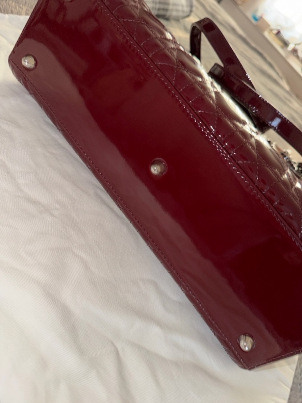 Preloved Christian Dior Burgundy Patent Leather Lady Tote with Dangle Charms - Picture 4 of 11